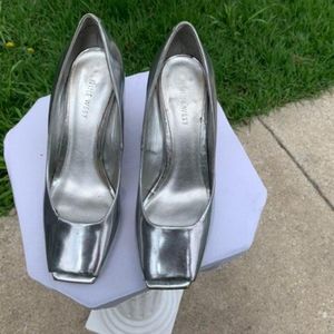Metallic silver peep toe shoes